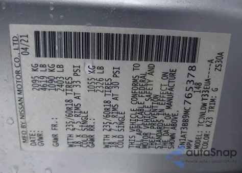 2021 Nissan Rogue Sv Intelligent Awd from USA, damaged, VIN 5N1AT3BB9MC765378